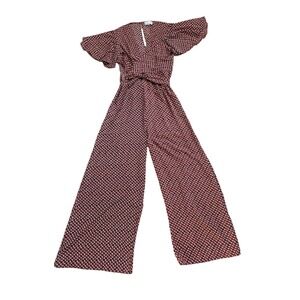 She & Sky Geometric Print, Wide Leg Flutter Sleeve Jumpsuit,Medium, Rust & Green